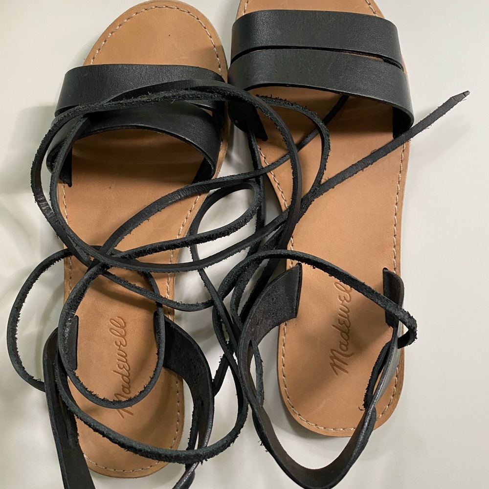 NWOT Madewell Black Leather Strappy Flat Sandals - Picture 4 of 4
